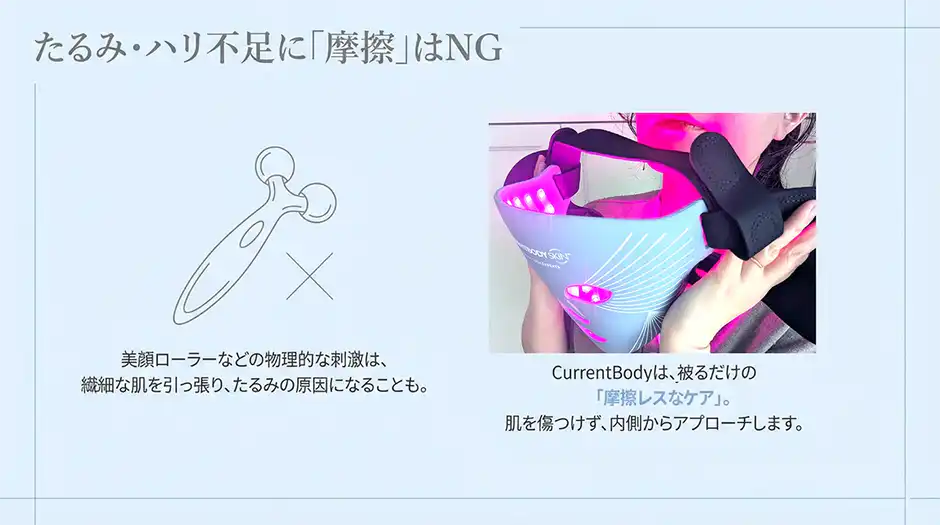 カレントボディLEDマスクのメリット｜たるみの原因である摩擦や刺激が少ない