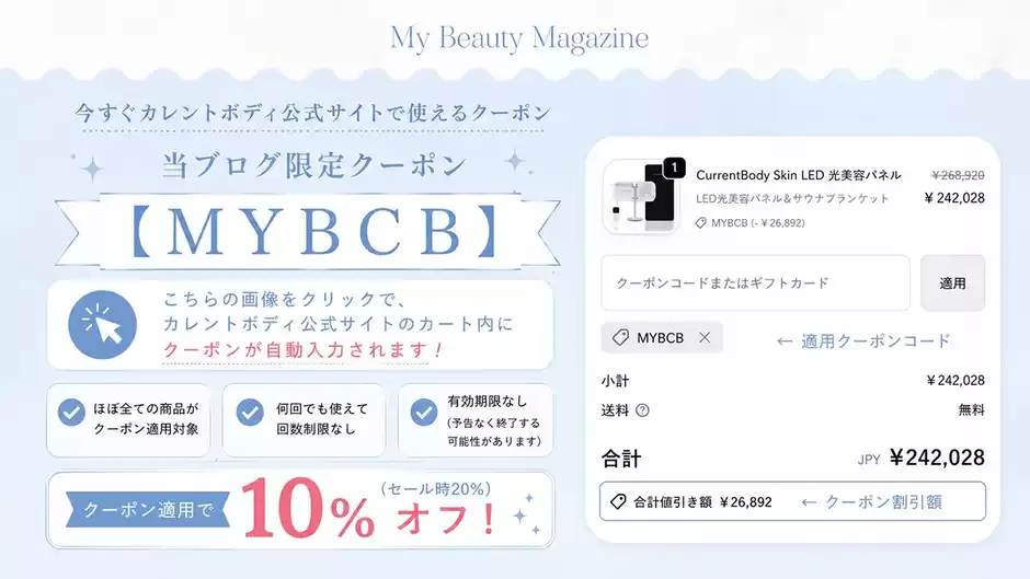 【結論】カレントボディ公式で一番割引率が高いクーポンコードは【MYBCB】