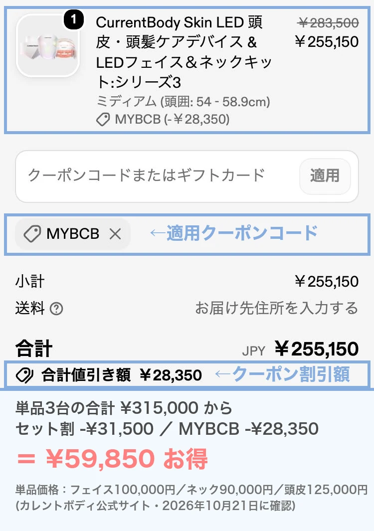 3台セットの購入画面で、割引コードの値引きが入った内訳